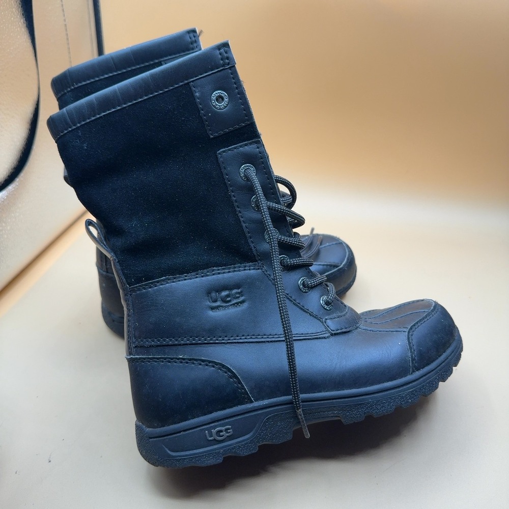 UGG Waterproof Lace-Up Winter Duck Boot Black Leather Suede Kids Size 3
